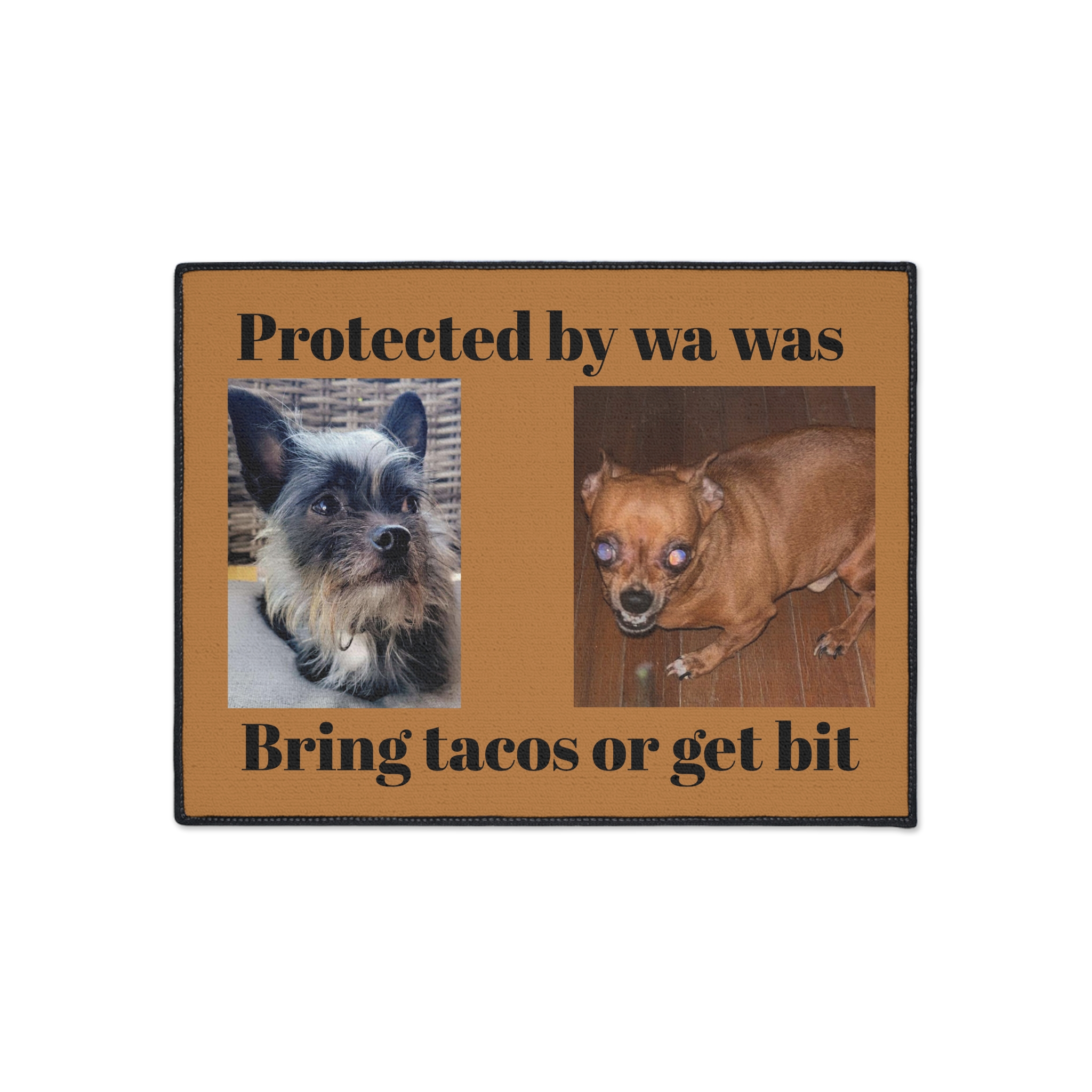 Funny Dog Floor Mat - 'Protected by wa was, Bring tacos or get bit' - Pet Lover Welcome Mat